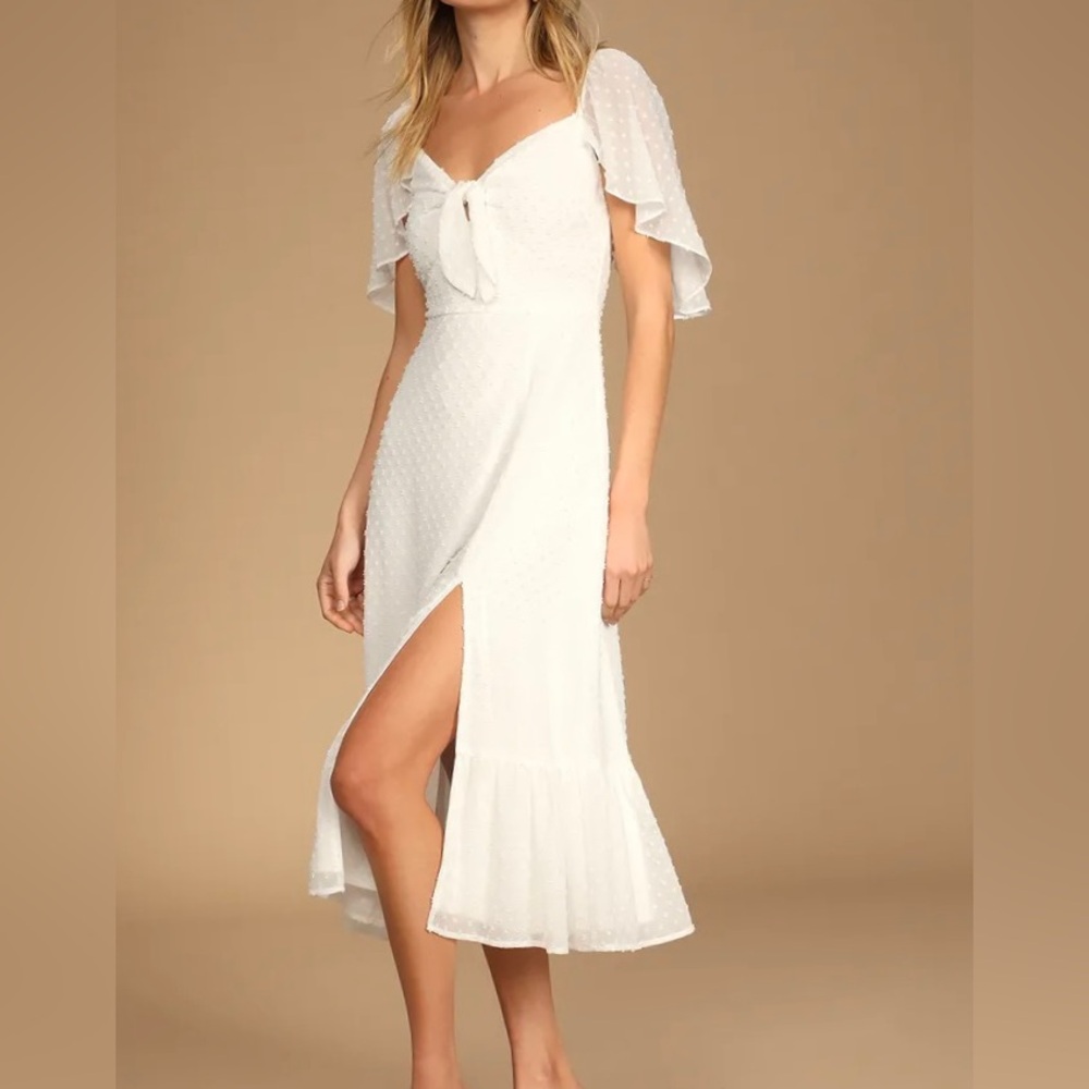 NWT Lulus Only Lovers White Swiss Dot Short Cape Sleeve Midi Dress Size XL